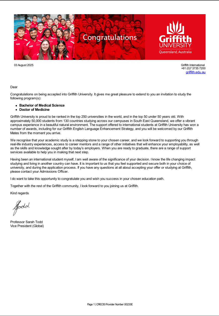 Griffith University 합격증