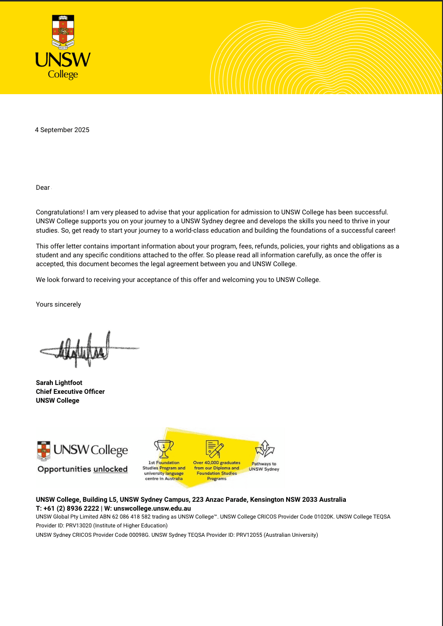 UNSW 합격증