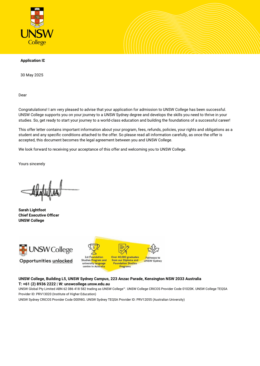 UNSW 합격증