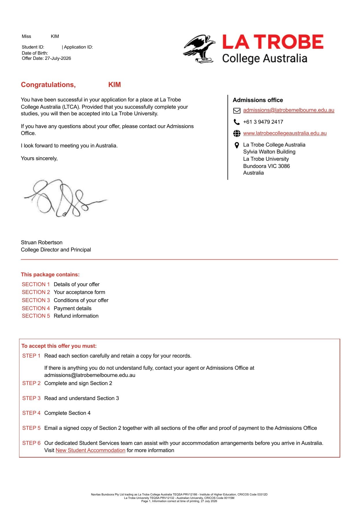 La Trobe College Australia 합격증