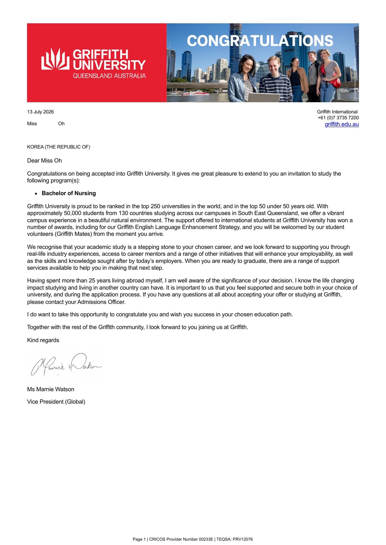 Griffith University 합격증