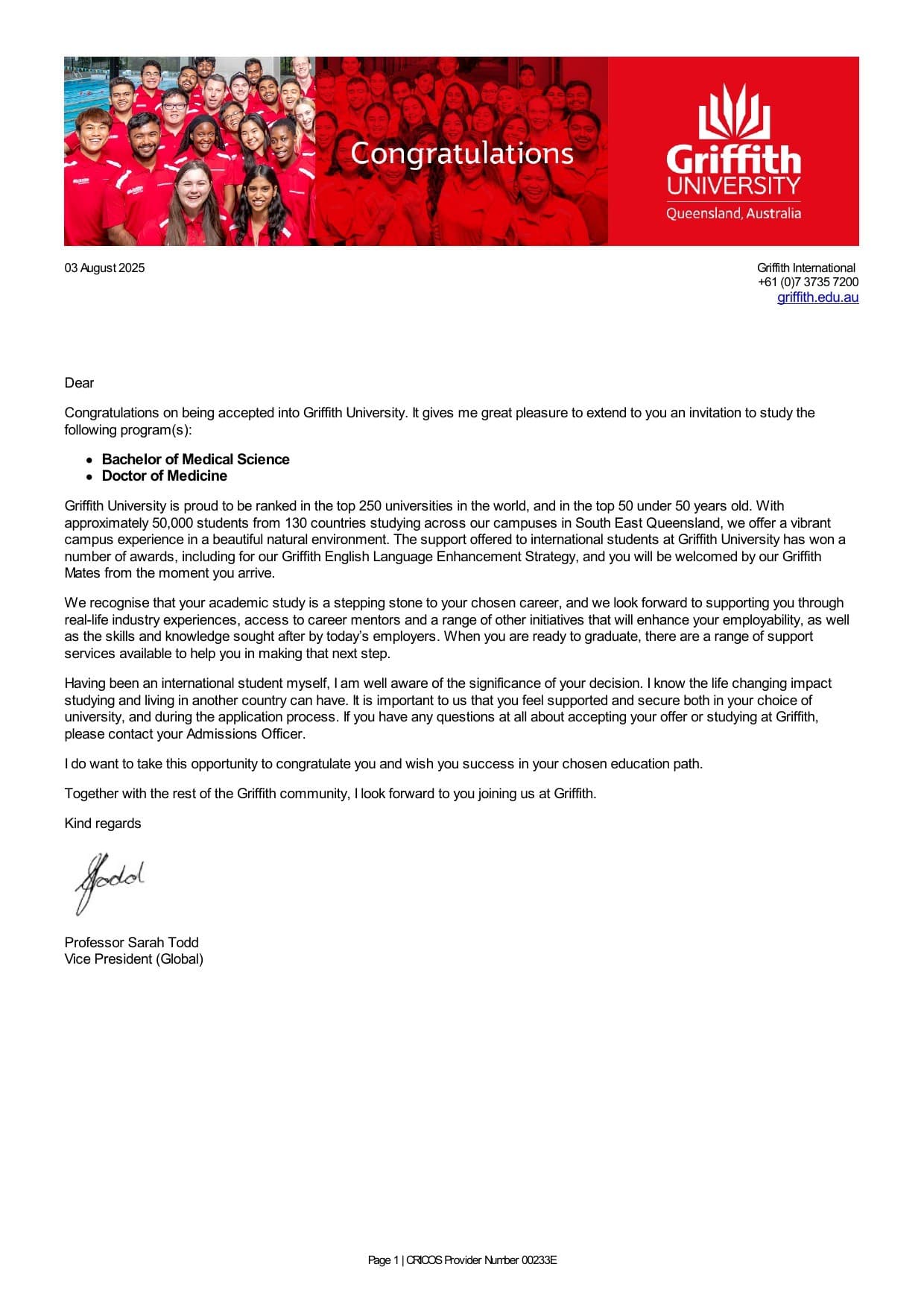 Griffith University 합격증
