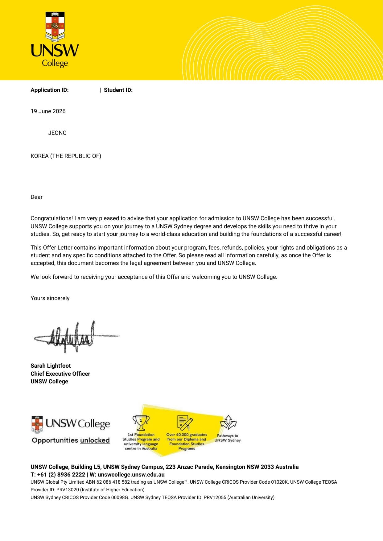 UNSW College 합격증