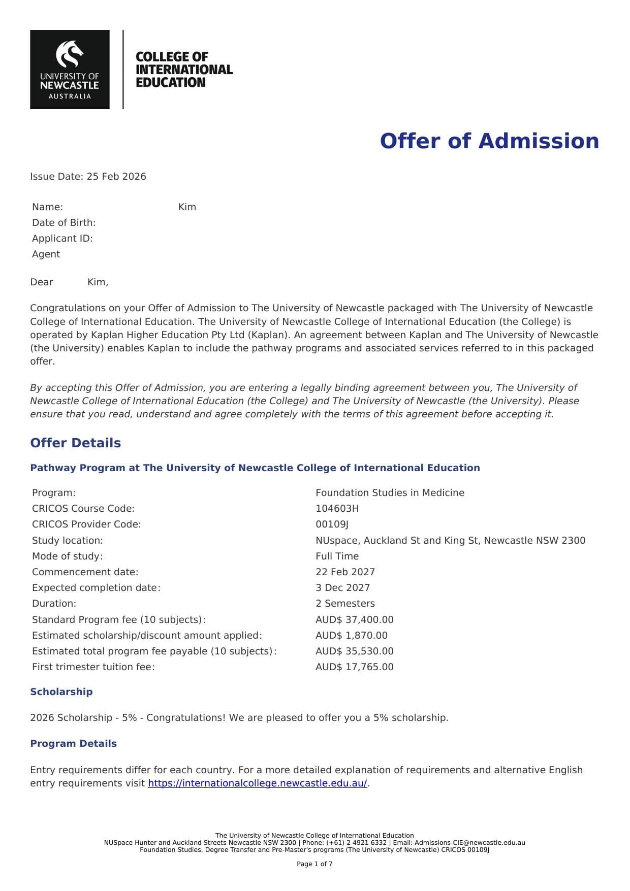 University of Newcastle (Kaplan CIE) 합격증
