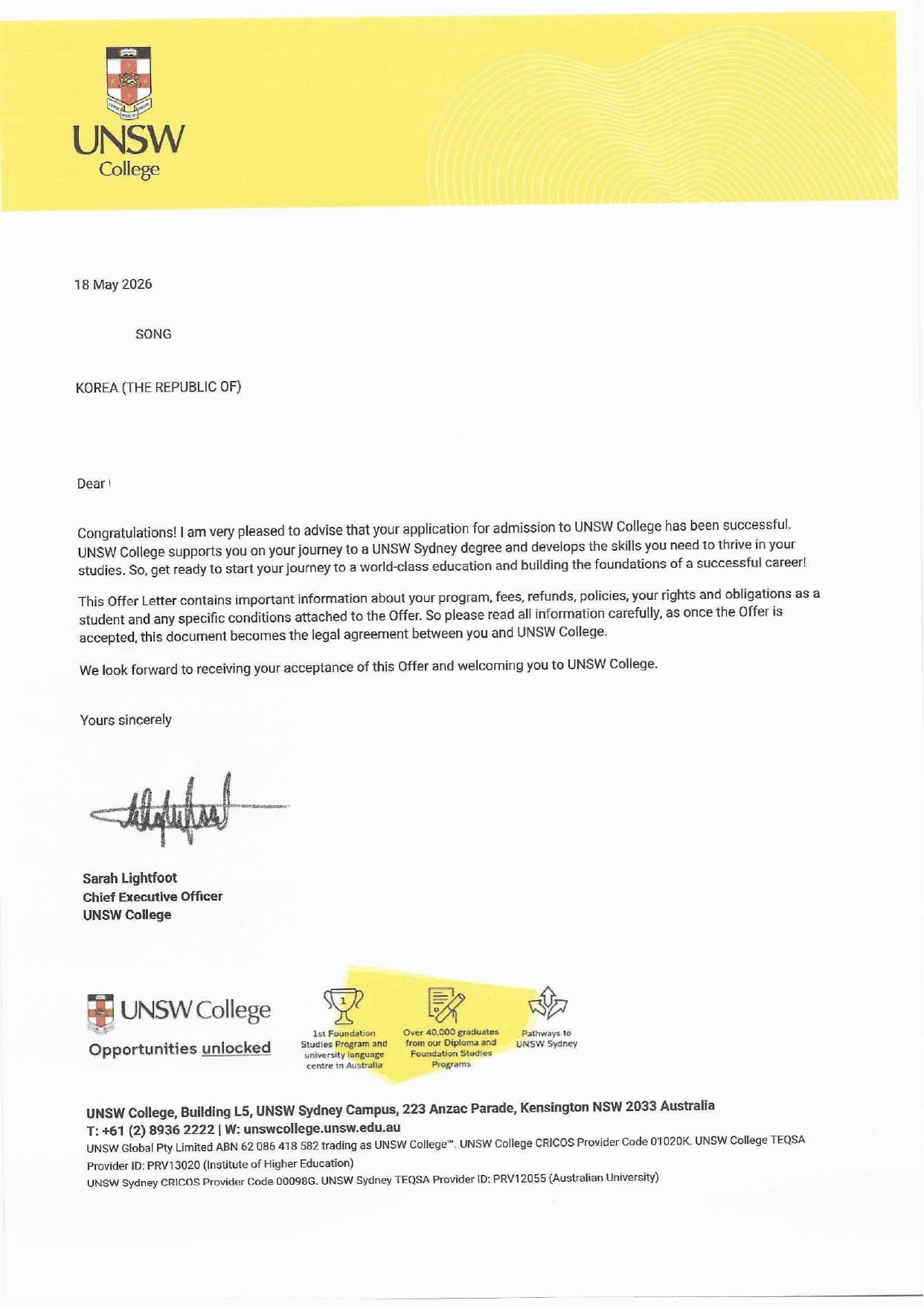 UNSW College 합격증