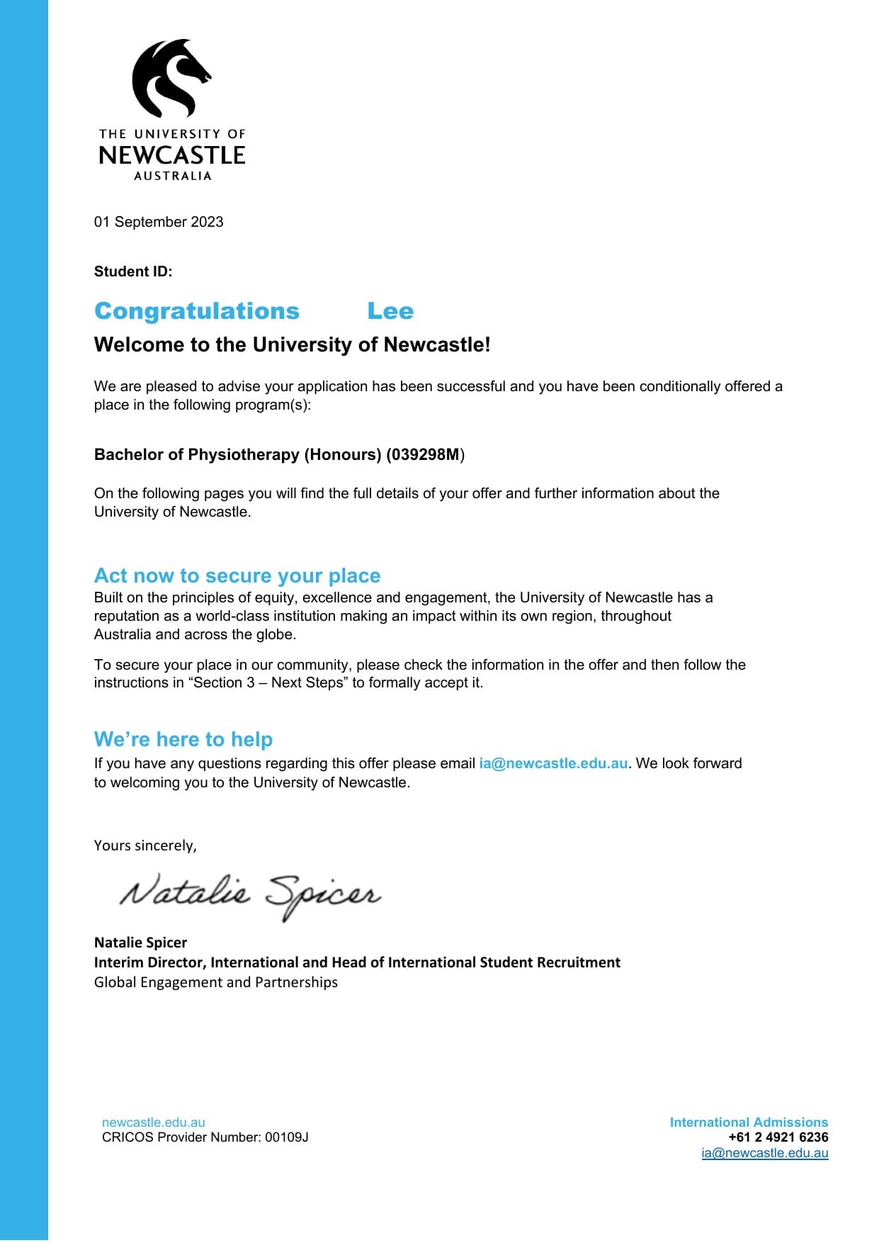 University of Newcastle 합격증