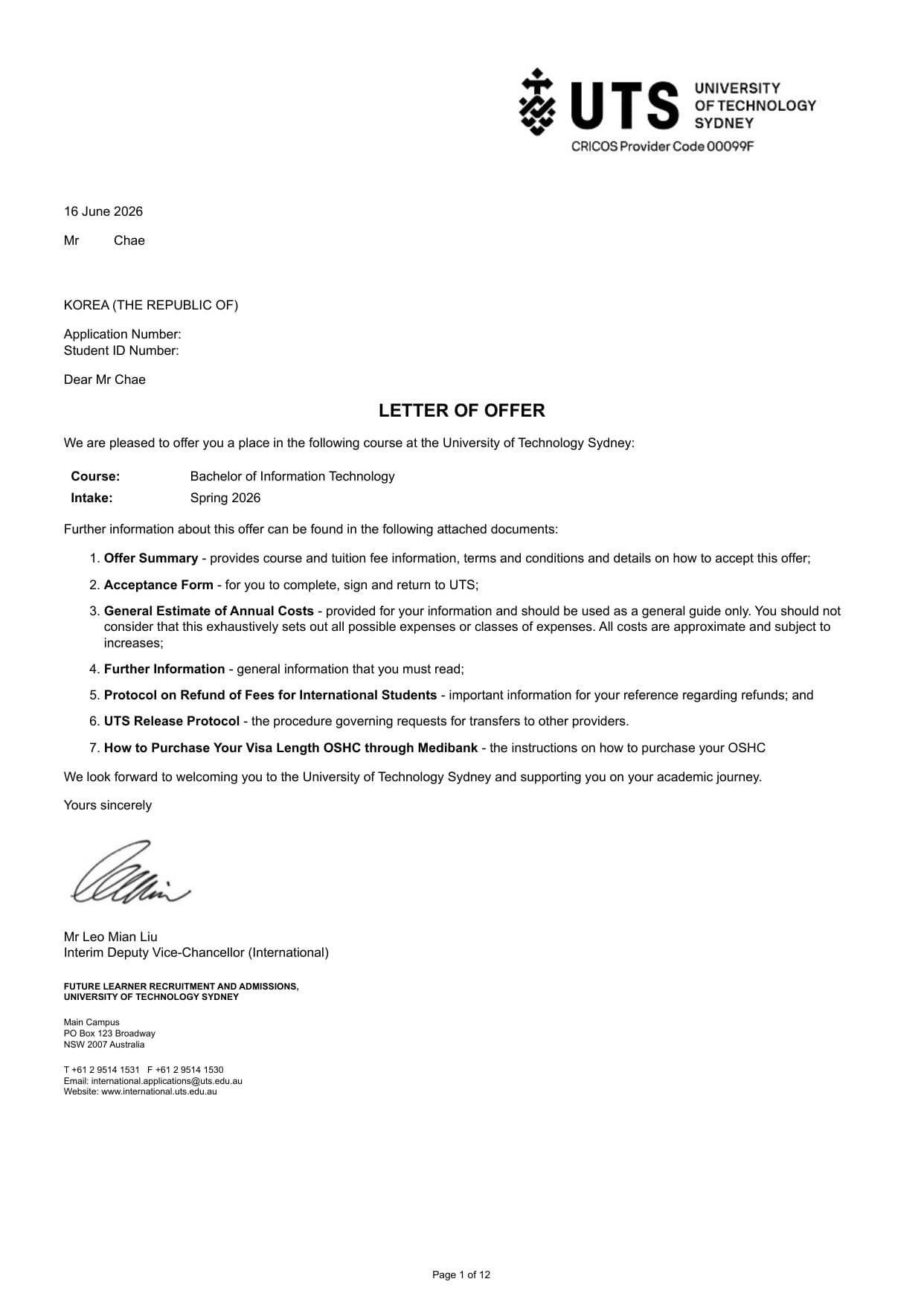 University of Technology Sydney (UTS) 합격증