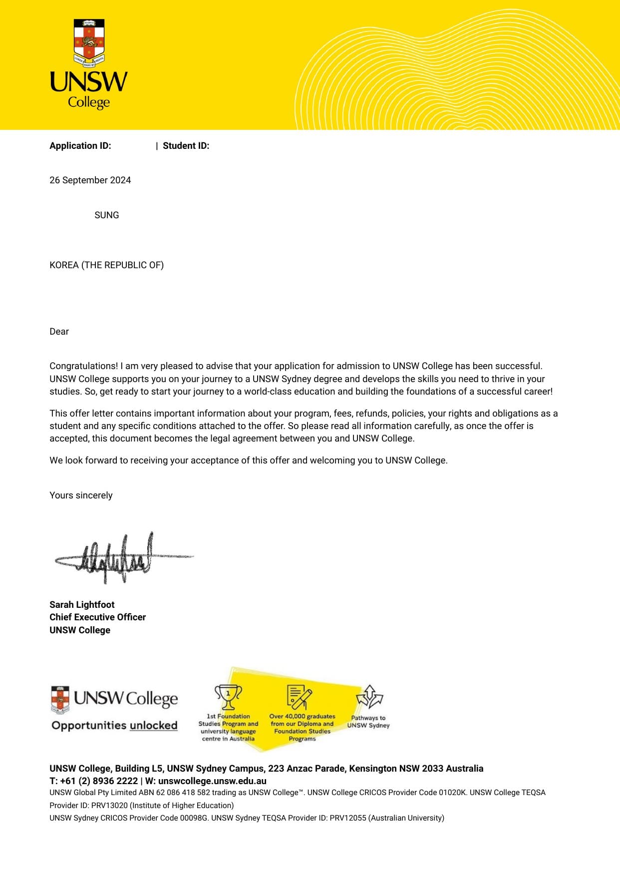 UNSW College 합격증