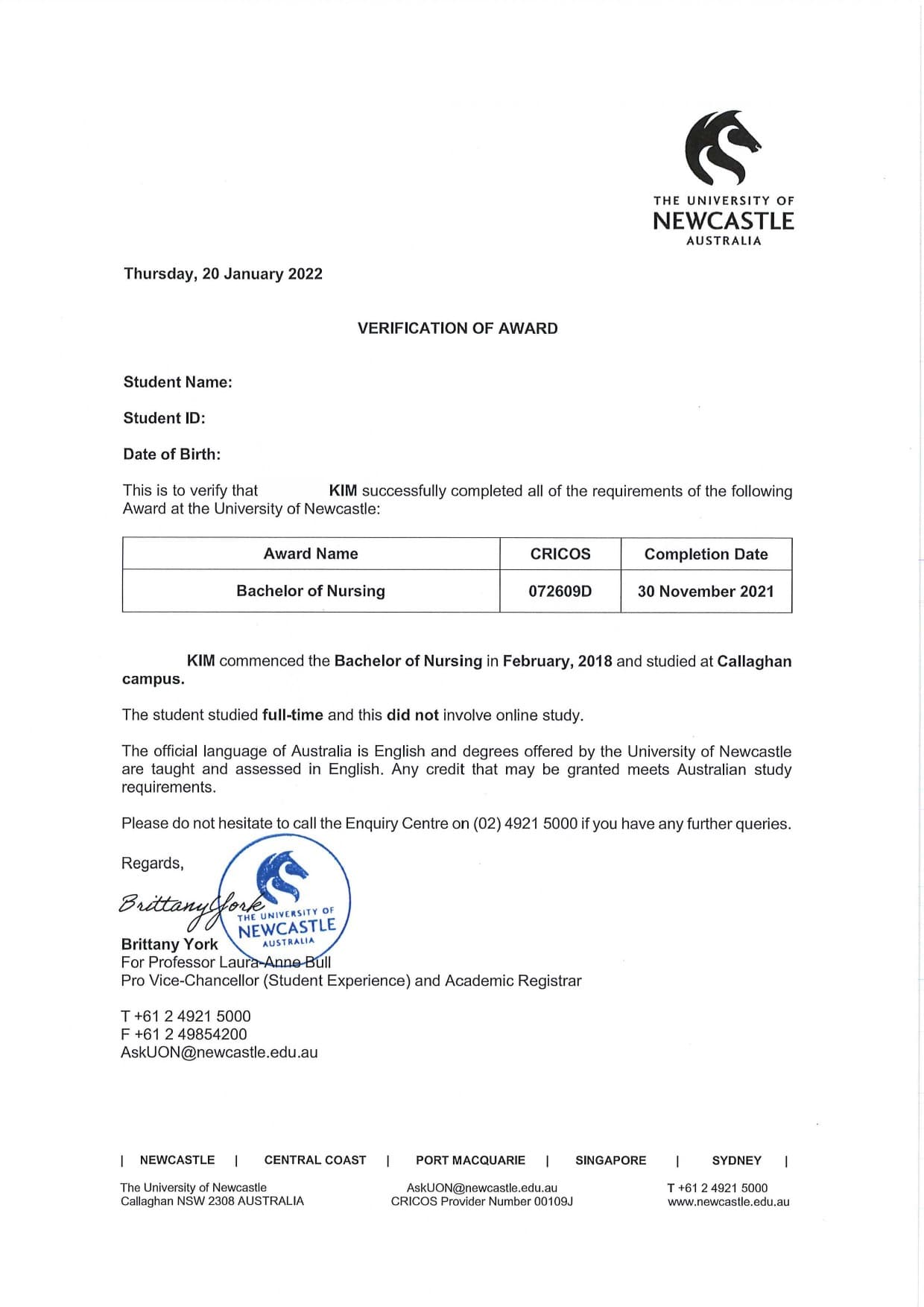 University of Newcastle 합격증