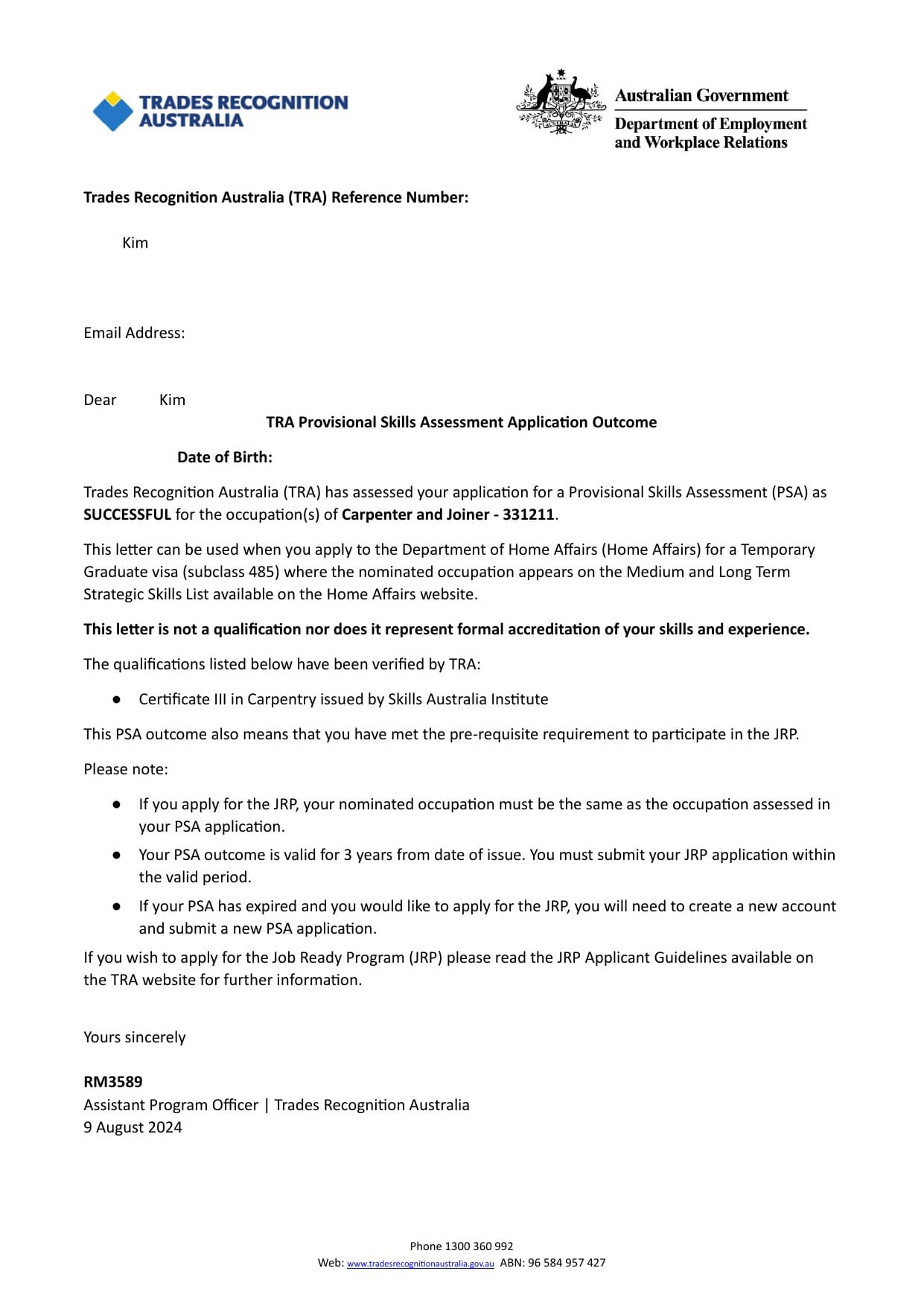 Trades Recognition Australia (TRA) 합격증