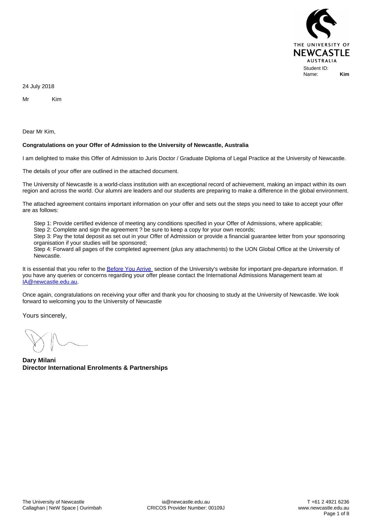 University of Newcastle 합격증