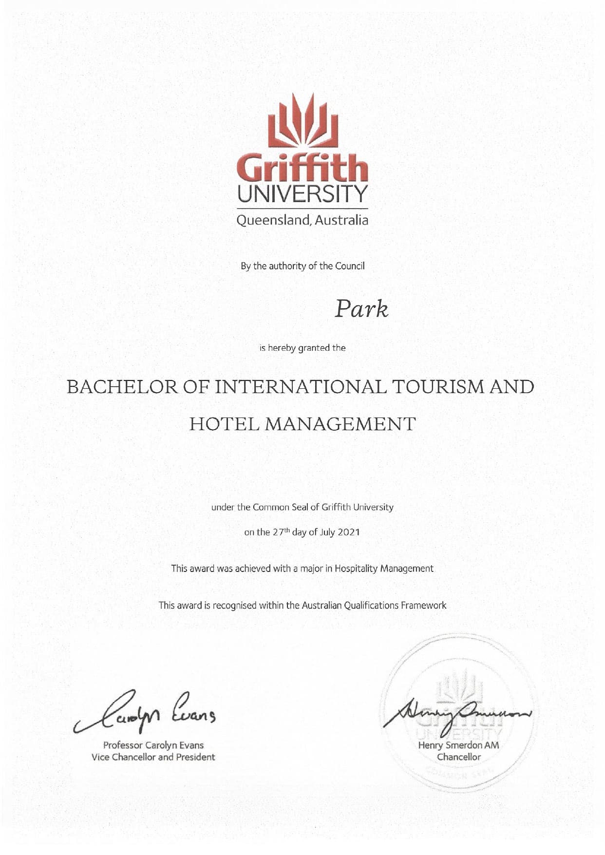Griffith University 합격증